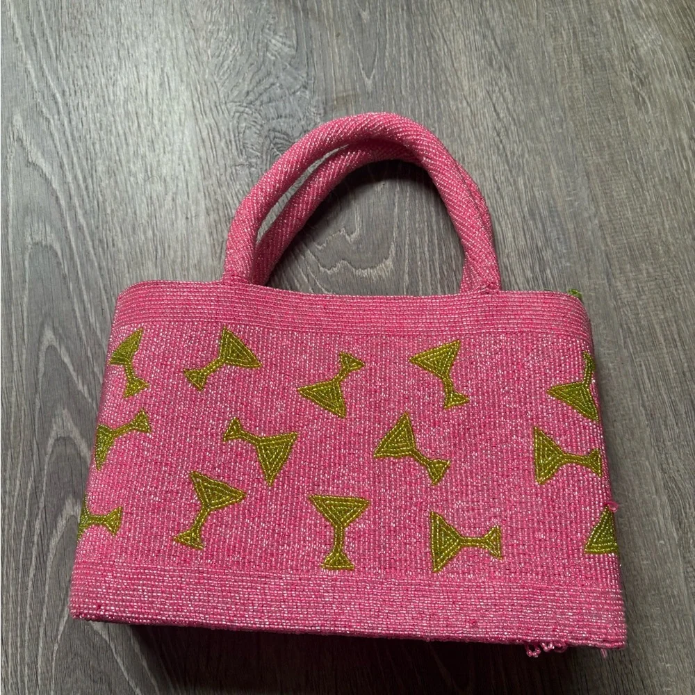 Pink Beaded Cocktail Motif Top-Handle Bag
